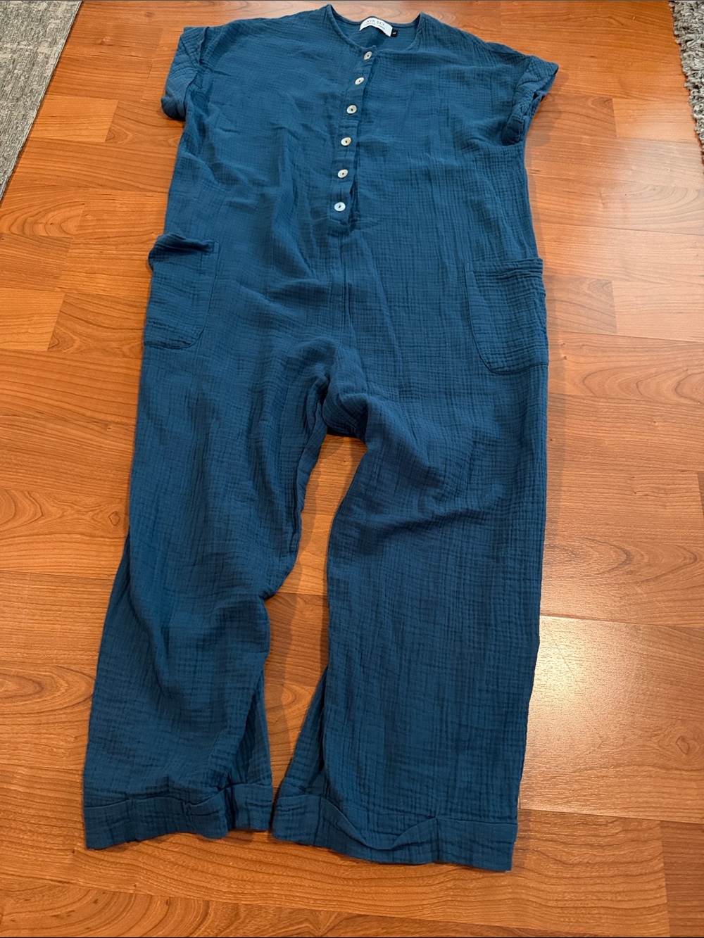 Ava Sky Button-Front Wide-Leg Jumpsuit in Teal Blue